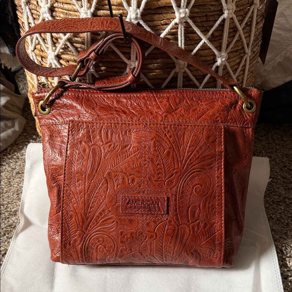 American Leather Embossed Tan Shoulder Bag